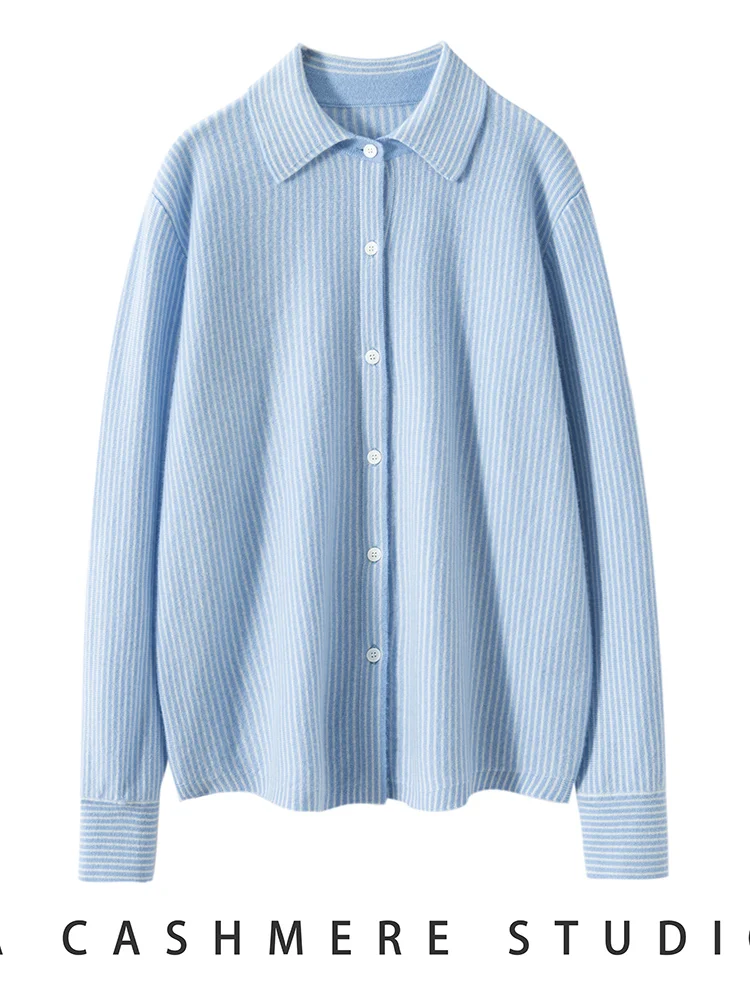 New Chic Women 100% Cashmere Sweater Vertical striped Shirt Collar Cashmere Buttons Cardigan Office Lady Autumn Winter Comfy Top
New Chic Women 100% Cashmere Sweater Vertical striped Shirt Collar Cashmere Buttons Cardigan Office Lady Autumn Winter Comfy Top