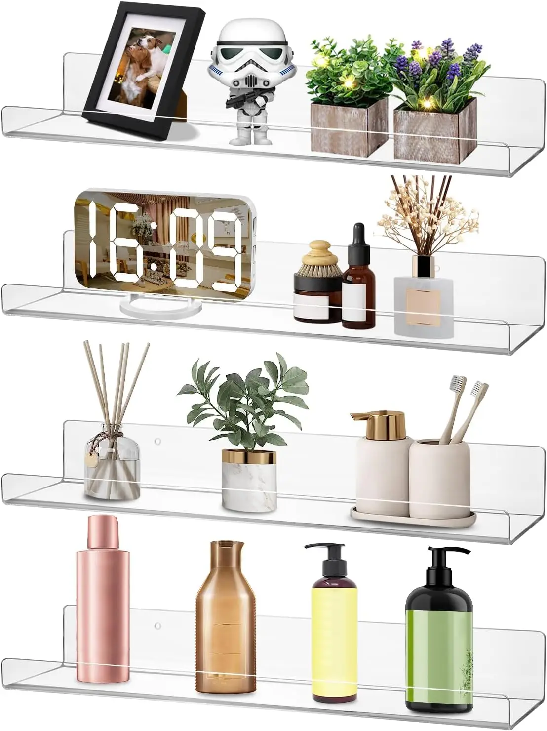 4 Pack Clear Acrylic Floating Shelves, 15" Invisible Wall Ledge for Bathroom Bedroom Storage Display
4 Pack Clear Acrylic Floating Shelves, 15" Invisible Wall Ledge for Bathroom Bedroom Storage Display