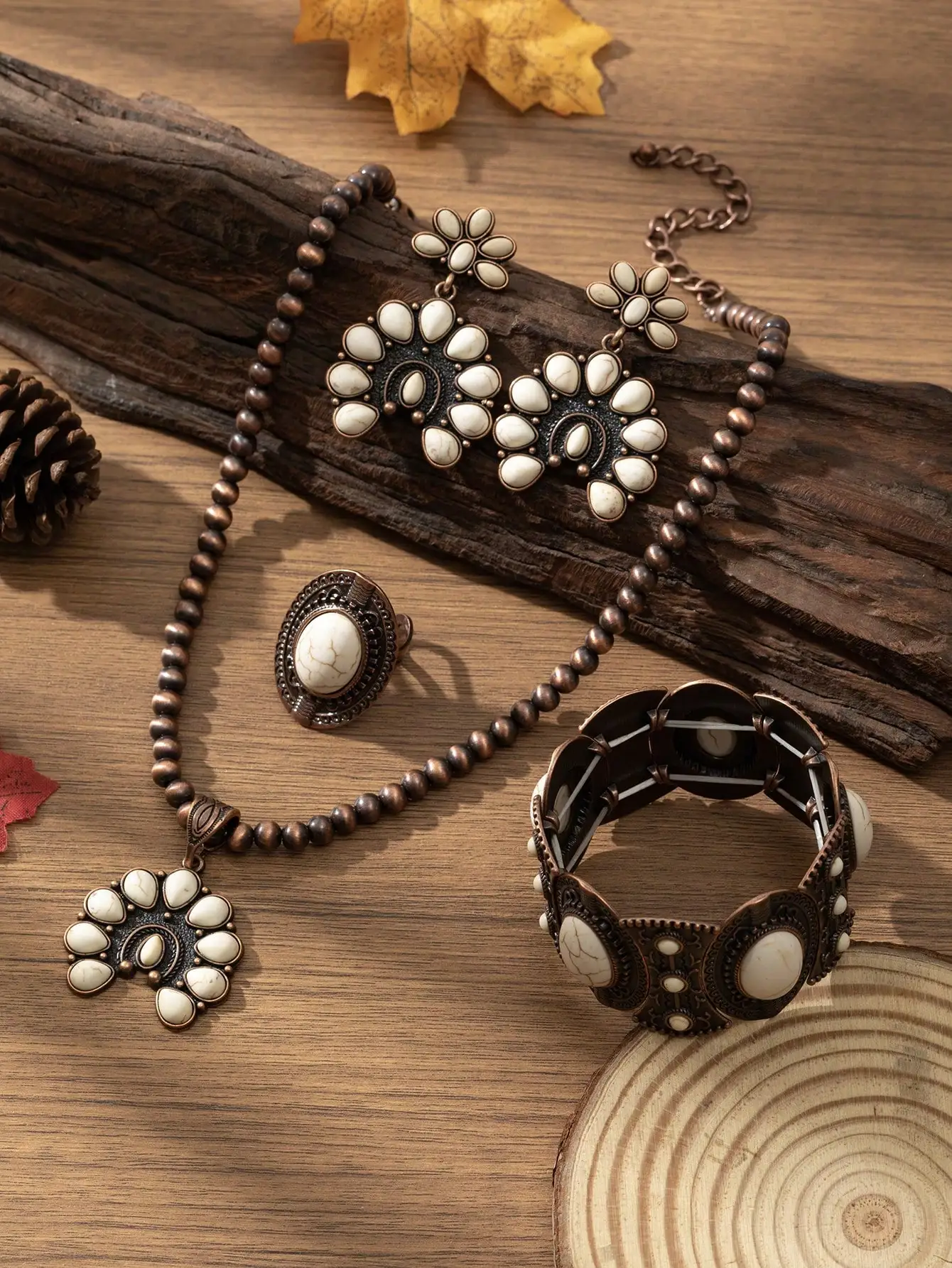 4-Piece Women's Vintage Bohemian Style Turquoise & Bronze Tone Jewelry Set with Necklace Earrings Ring Bracelet
4-Piece Women's Vintage Bohemian Style Turquoise & Bronze Tone Jewelry Set with Necklace Earrings Ring Bracelet