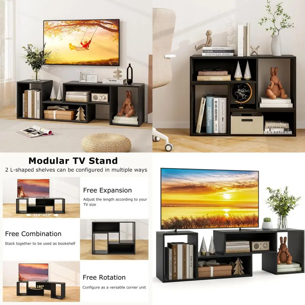 2-Piece L-Shaped TV Stand, Reconfigurable Entertainment Center for TVs up to 55, Media Table with 4 Open Cubes, DIY Bookcase She
2-Piece L-Shaped TV Stand, Reconfigurable Entertainment Center for TVs up to 55, Media Table with 4 Open Cubes, DIY Bookcase She
