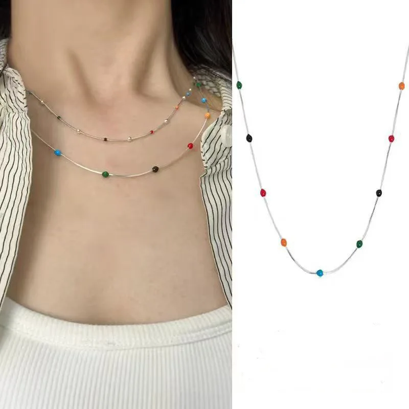 Stackable Rainbow Enamel Bean Round Bead Necklace for Women Silver Snake Chain Summer Versatile Layered Jewelry Lightweight
Stackable Rainbow Enamel Bean Round Bead Necklace for Women Silver Snake Chain Summer Versatile Layered Jewelry Lightweight