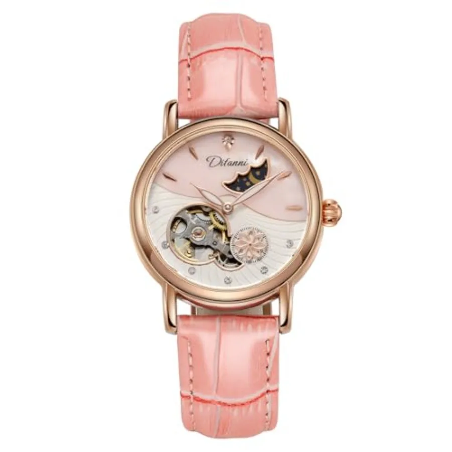 Women's Automatic Watch with Moon Phase and Flower Second Hand, 34mm Rose Gold Skeleton Mother of Pearl Dial, Diamond Bezel, Ge
Women's Automatic Watch with Moon Phase and Flower Second Hand, 34mm Rose Gold Skeleton Mother of Pearl Dial, Diamond Bezel, Ge