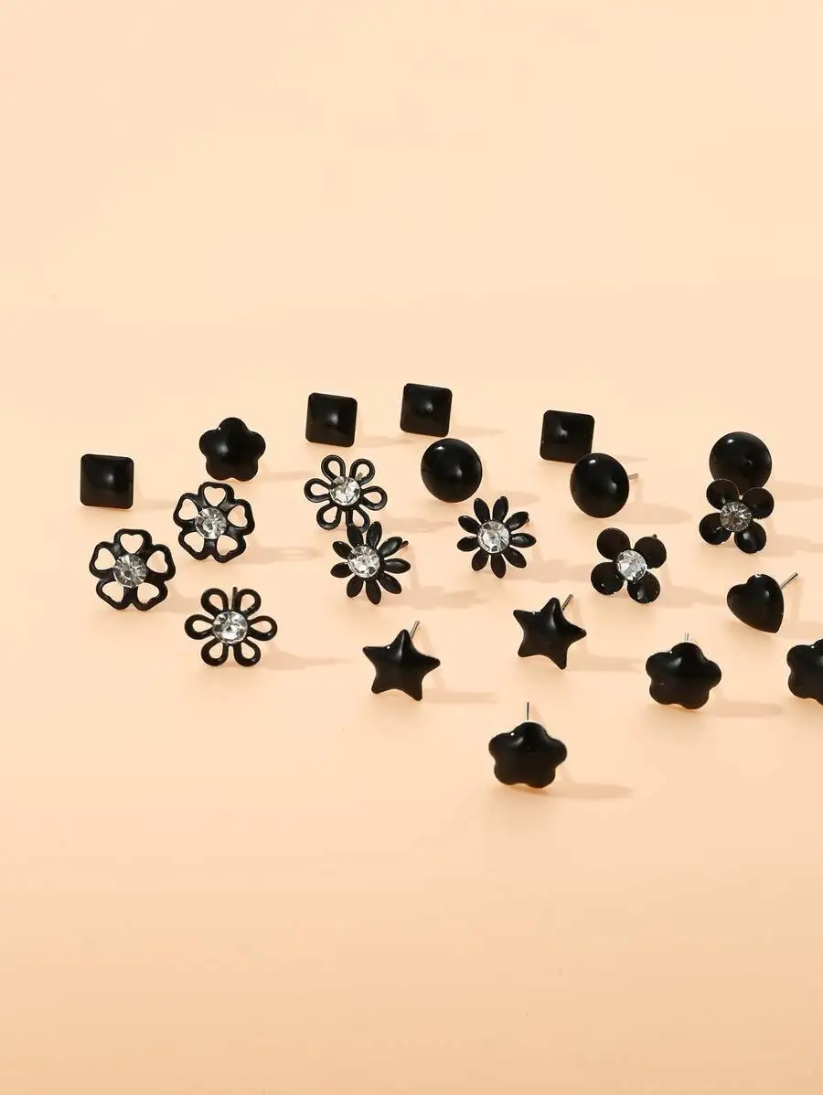 12 Pairs Black Floral Heart Star Geometric Stud Earrings Set For Women
12 Pairs Black Floral Heart Star Geometric Stud Earrings Set For Women