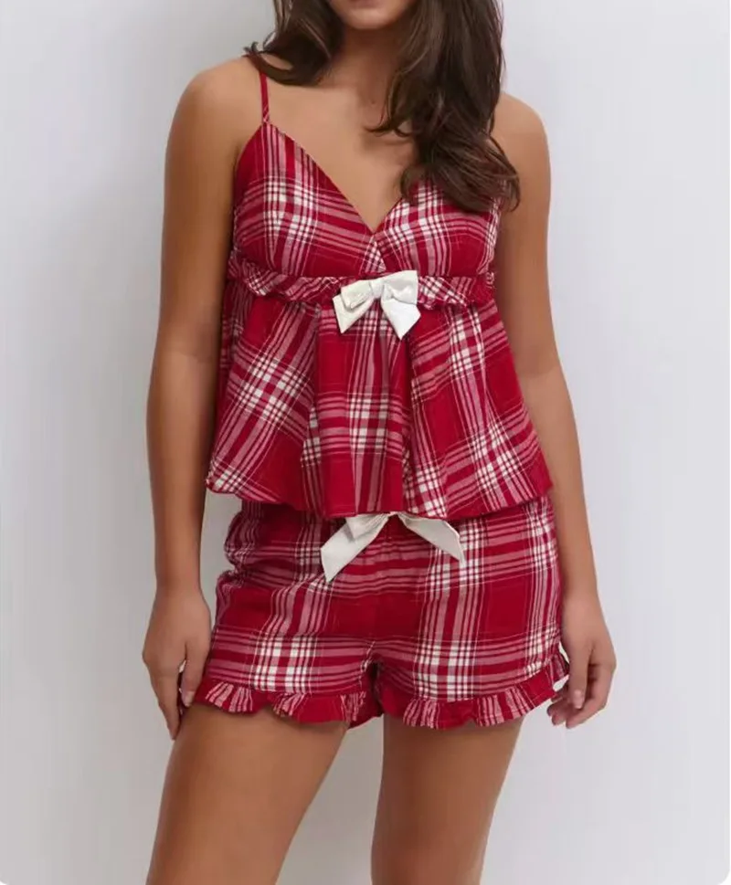 Sweet Comfortable Shorts Set Summer Plaid Casual Fashion Style Women Sets Bow Suspender Top Elastic Waist Shorts Two-piece Sets
Sweet Comfortable Shorts Set Summer Plaid Casual Fashion Style Women Sets Bow Suspender Top Elastic Waist Shorts Two-piece Sets