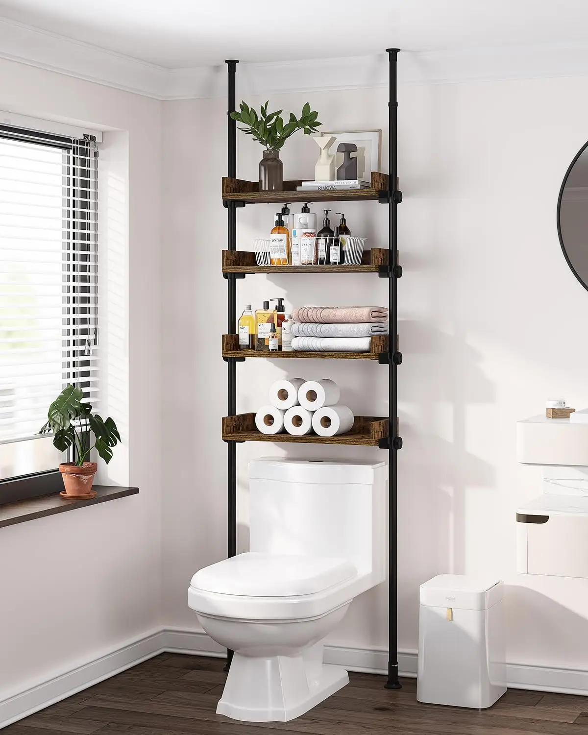 Bathroom Organizer. Over Toilet Storage. 4-Tier Adjustable Wood Shelves. 92-116" Tall. Rustic Brown.
Bathroom Organizer. Over Toilet Storage. 4-Tier Adjustable Wood Shelves. 92-116" Tall. Rustic Brown.