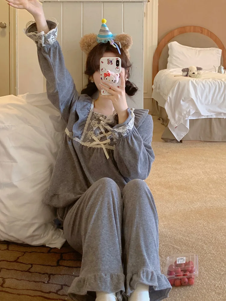 Simple Sweet Solid Home Girlish Style Lace Elegant Long SleevePajama Set Women Comfortable Casual Kawaii Spring Sleepwear Ins
Simple Sweet Solid Home Girlish Style Lace Elegant Long SleevePajama Set Women Comfortable Casual Kawaii Spring Sleepwear Ins