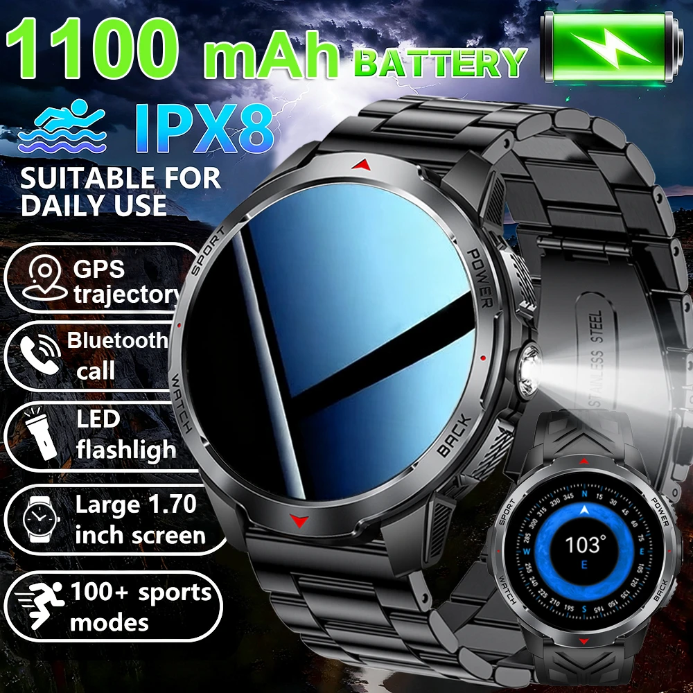 Военные уличные умные часы для мужчин, 1100 мАч, 1,7 дюйма, большой дисплей, компас, спортивные часы, IP68, водонепроницаемые, Bluetooth, умные часы с вызовом
Военные уличные умные часы для мужчин, 1100 мАч, 1,7 дюйма, большой дисплей, компас, спортивные часы, IP68, водонепроницаемые, Bluetooth, умные часы с вызовом