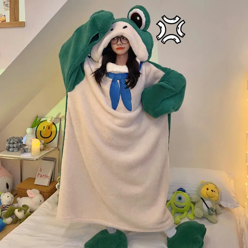 Winter Frog Pajamas Cosplay Cartoon Bodysuit Frog Flannel Mid-length Nightdress Home Clothes Girls Cute Warm Loose Hooded Outfit
Winter Frog Pajamas Cosplay Cartoon Bodysuit Frog Flannel Mid-length Nightdress Home Clothes Girls Cute Warm Loose Hooded Outfit
