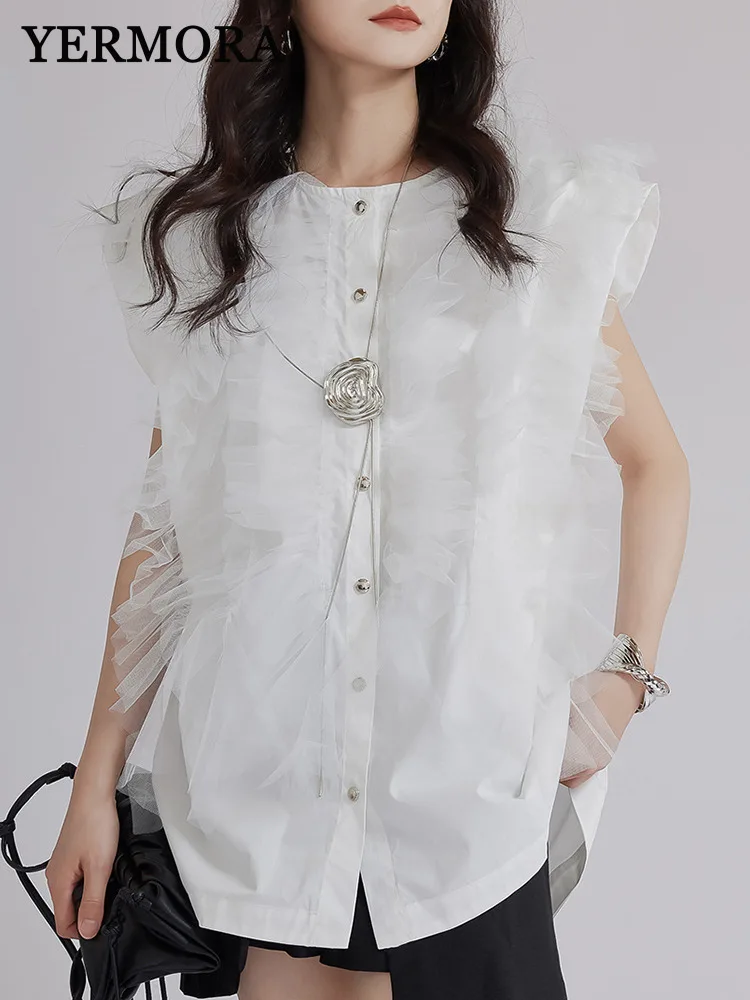 YERMORA White Spliced Mesh Casual Blouse For Women O-neck Sleeveless Loose New Vest Shirt Fsahion Tide Srping Summer 2025
YERMORA White Spliced Mesh Casual Blouse For Women O-neck Sleeveless Loose New Vest Shirt Fsahion Tide Srping Summer 2025