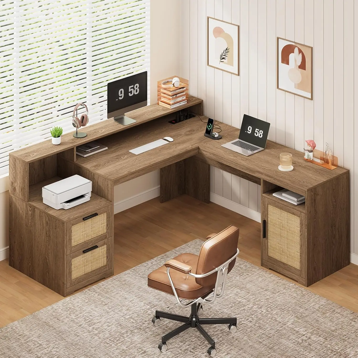 63" Farmhouse L Shaped Executive Desk with Drawers & Storage Shelf, Corner Rattan Computer Desk with Power Outlets, L Shaped Off
63" Farmhouse L Shaped Executive Desk with Drawers & Storage Shelf, Corner Rattan Computer Desk with Power Outlets, L Shaped Off