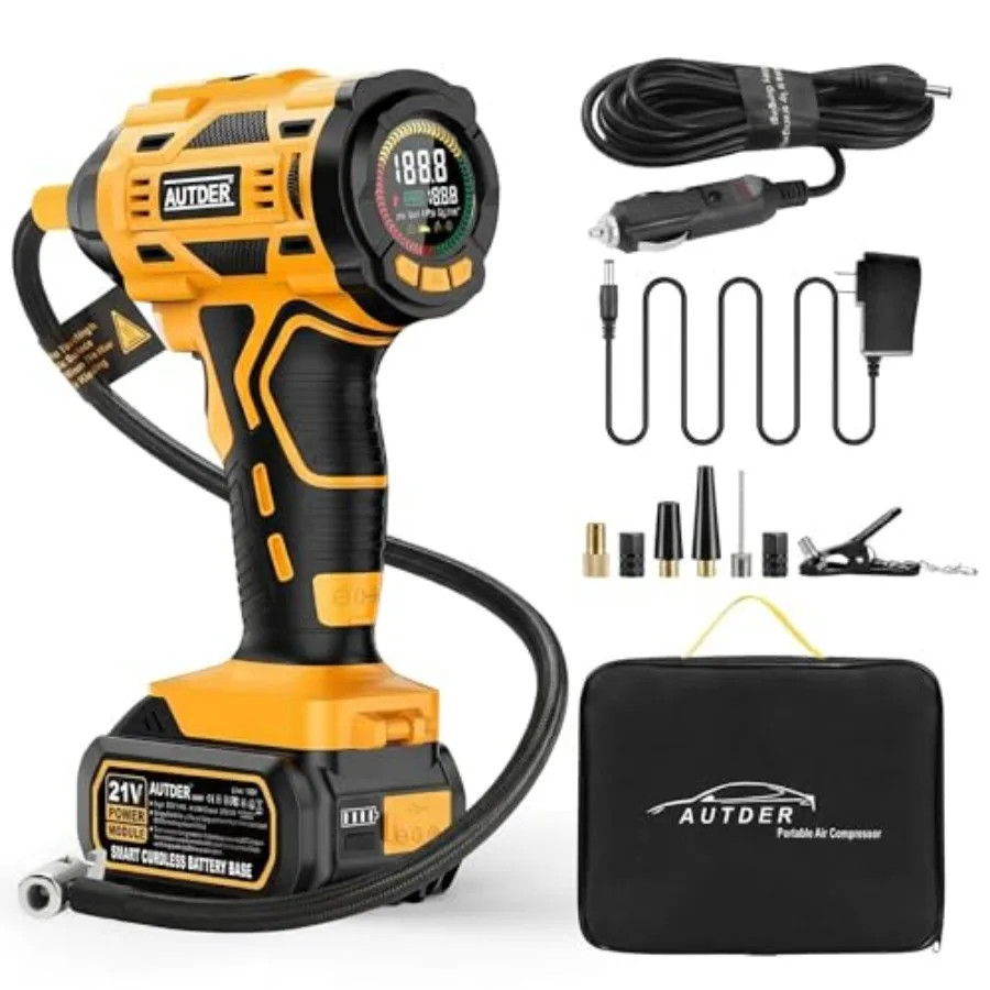 Cordless Tire Inflator 180PSI Portable Air Compressor with 21V Rechargeable Battery and 12V DC Car Adapter Fast Inflation Digit
Cordless Tire Inflator 180PSI Portable Air Compressor with 21V Rechargeable Battery and 12V DC Car Adapter Fast Inflation Digit