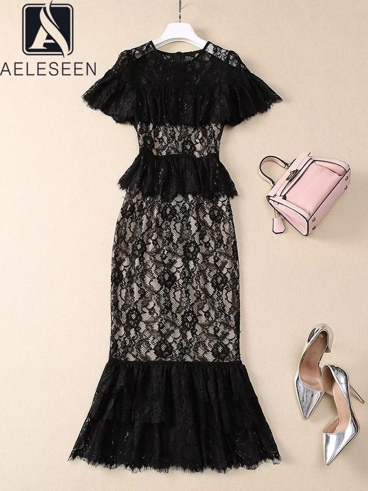 AELESEEN Sexy Black Lace Dress Women Summer Runway Fashion Clock Sleeve O-Neck Ruffles Patchwork Slim Elegant Midi Party
AELESEEN Sexy Black Lace Dress Women Summer Runway Fashion Clock Sleeve O-Neck Ruffles Patchwork Slim Elegant Midi Party
