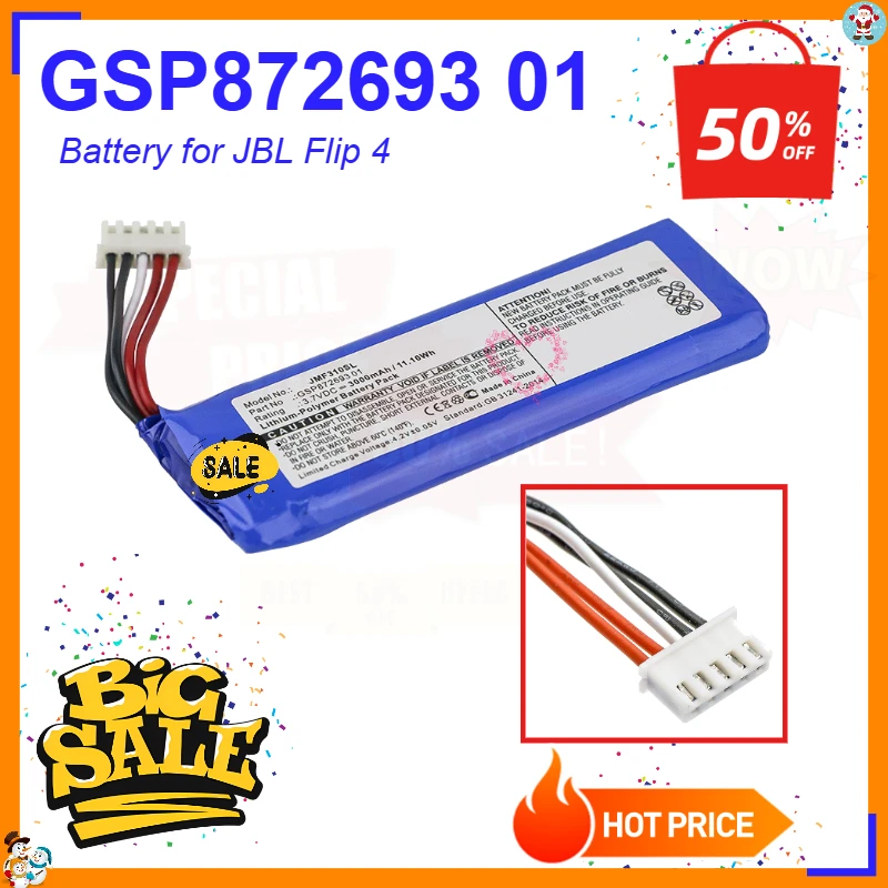 New GSP872693 01 3000mAh 11.1Wh Rechargeable Replacement Battery for JBL Flip 4 Flip4 Special Edition Speaker Bateria 3.7V
New GSP872693 01 3000mAh 11.1Wh Rechargeable Replacement Battery for JBL Flip 4 Flip4 Special Edition Speaker Bateria 3.7V