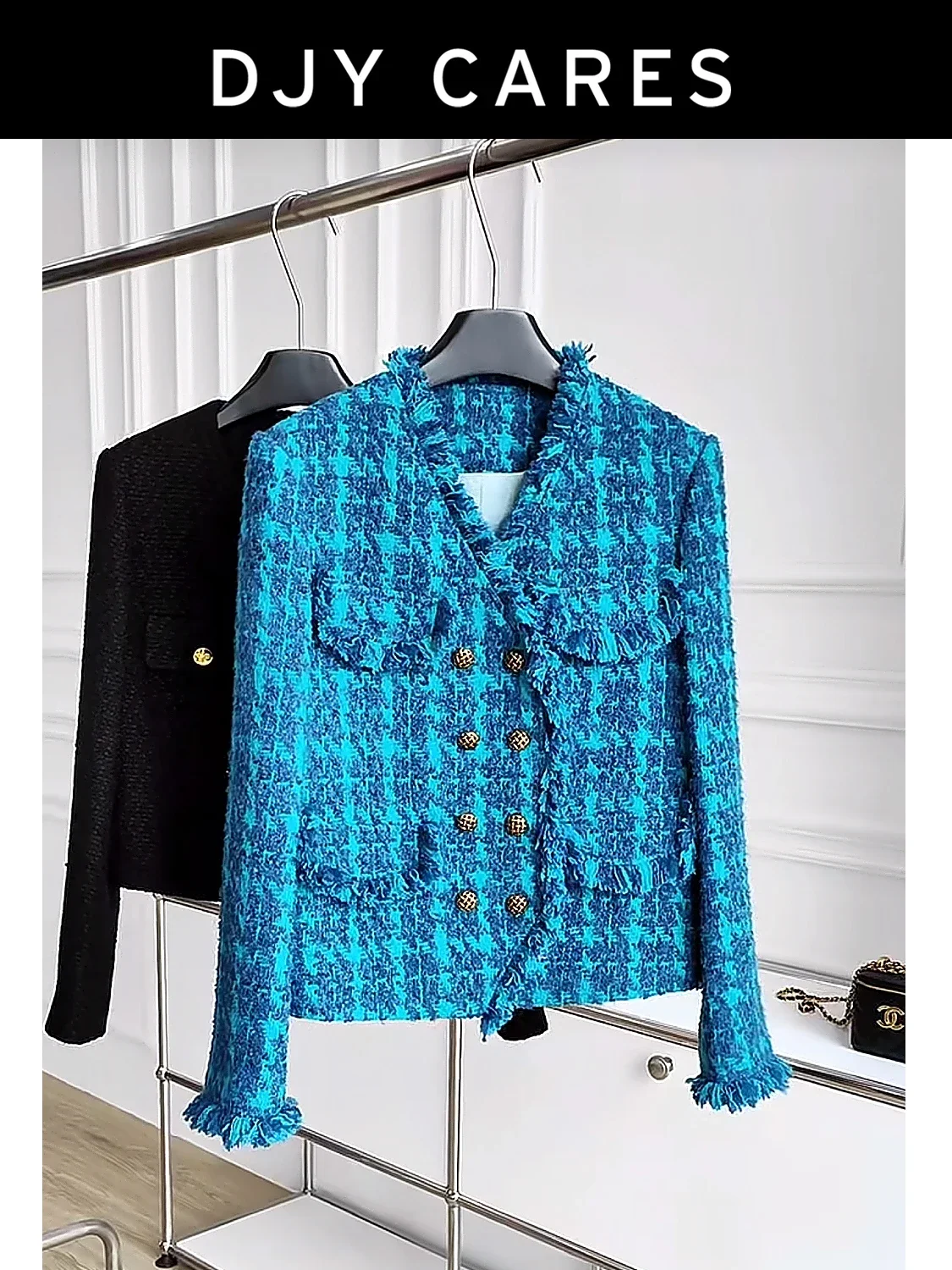 New Bold woolen retro design blue V-neck jacket with tassel top
New Bold woolen retro design blue V-neck jacket with tassel top