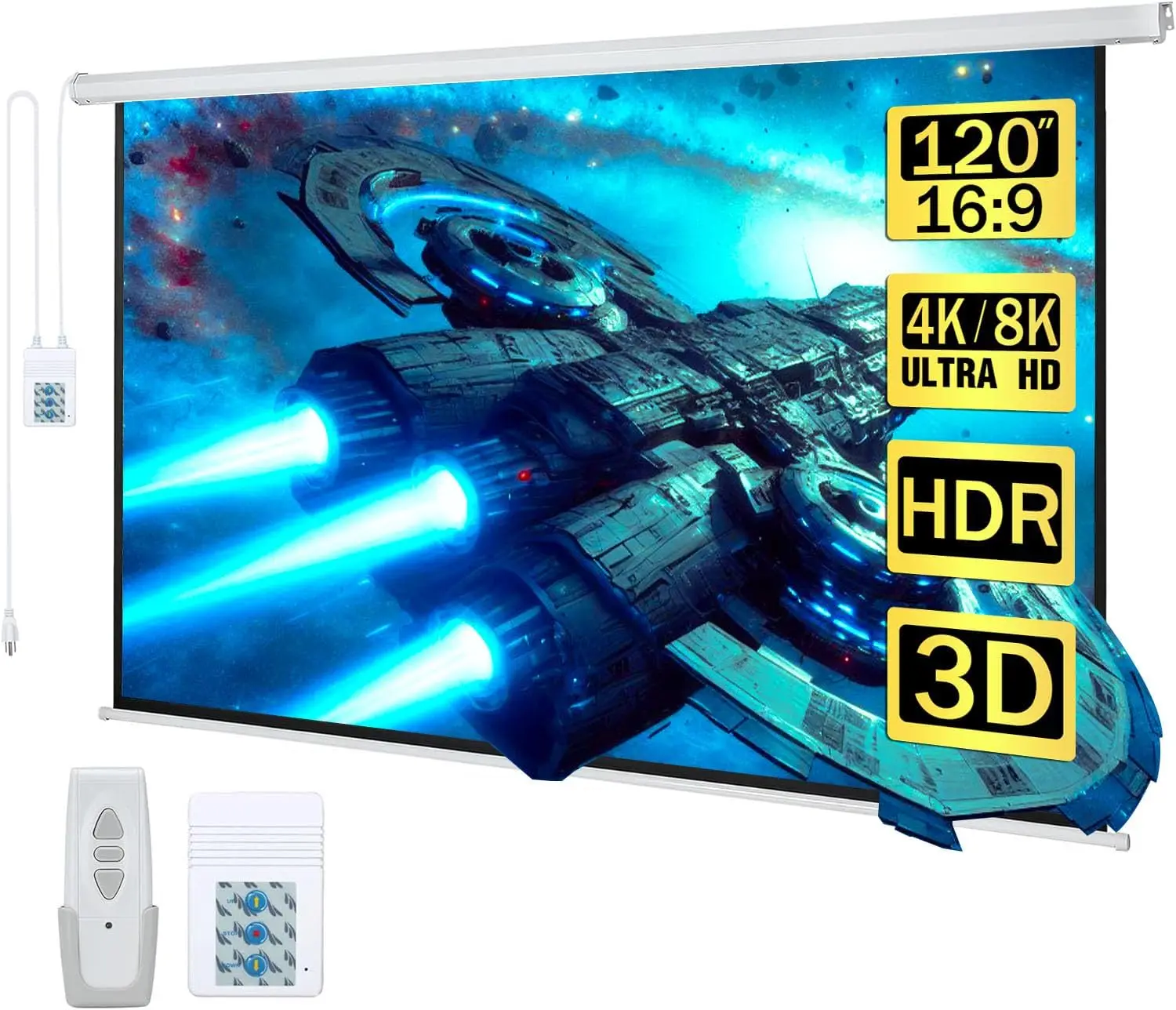 120" Motorized Projector Screen Electric Diagonal Automatic 16:9 HD Movies for Home Theater with Wireless Remote, Wall/Ceiling
120" Motorized Projector Screen Electric Diagonal Automatic 16:9 HD Movies for Home Theater with Wireless Remote, Wall/Ceiling