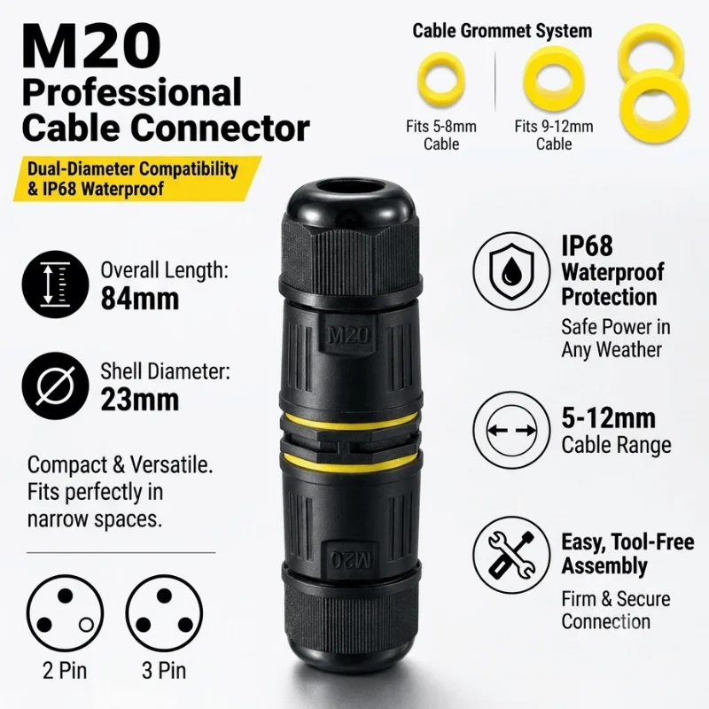 IP68 M20 Waterproof Connector Electric Junction Box 2/3Pin Screw Connection Solderless for 5-12mm Cable,Adapter Terminal Outdoor
IP68 M20 Waterproof Connector Electric Junction Box 2/3Pin Screw Connection Solderless for 5-12mm Cable,Adapter Terminal Outdoor