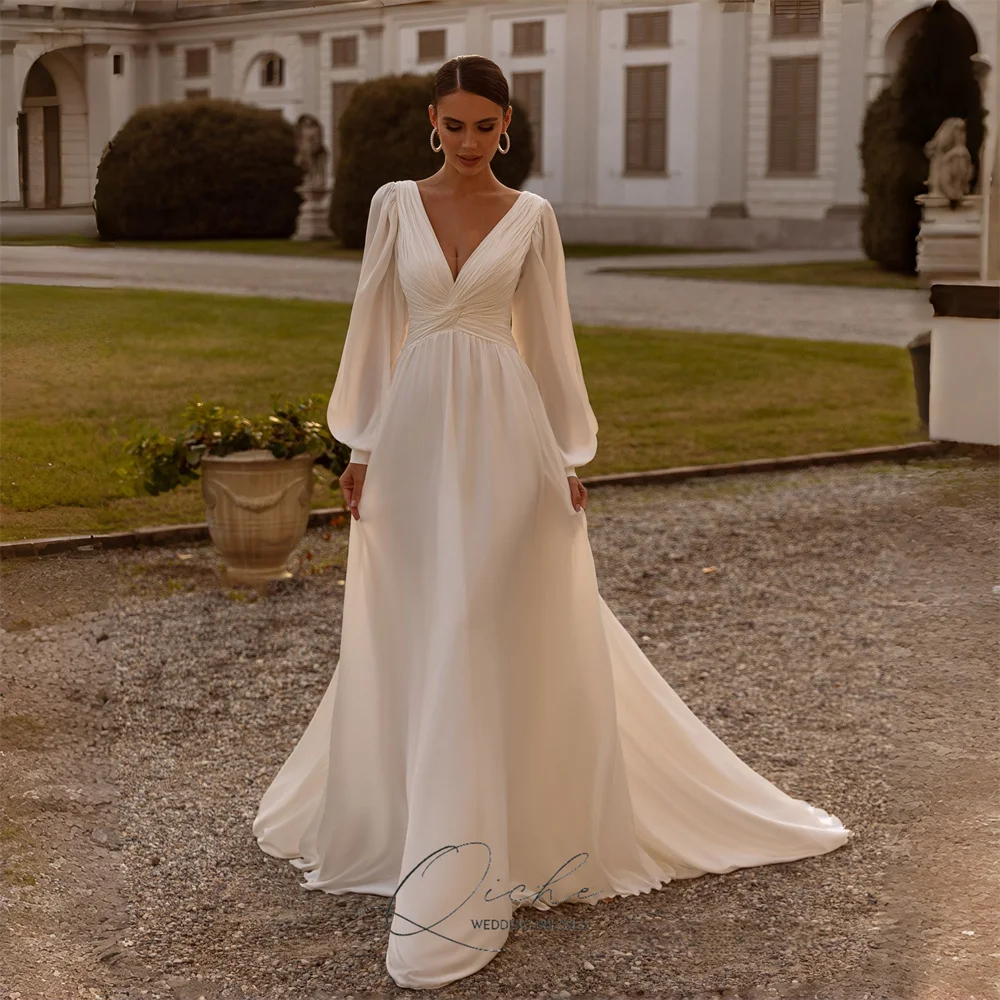QICHE Customized Simple Chiffon A-Line Wedding Dresses V-Neck Long Puff Sleeves Backless Bridal Grown Formal Prom Party Dress
QICHE Customized Simple Chiffon A-Line Wedding Dresses V-Neck Long Puff Sleeves Backless Bridal Grown Formal Prom Party Dress