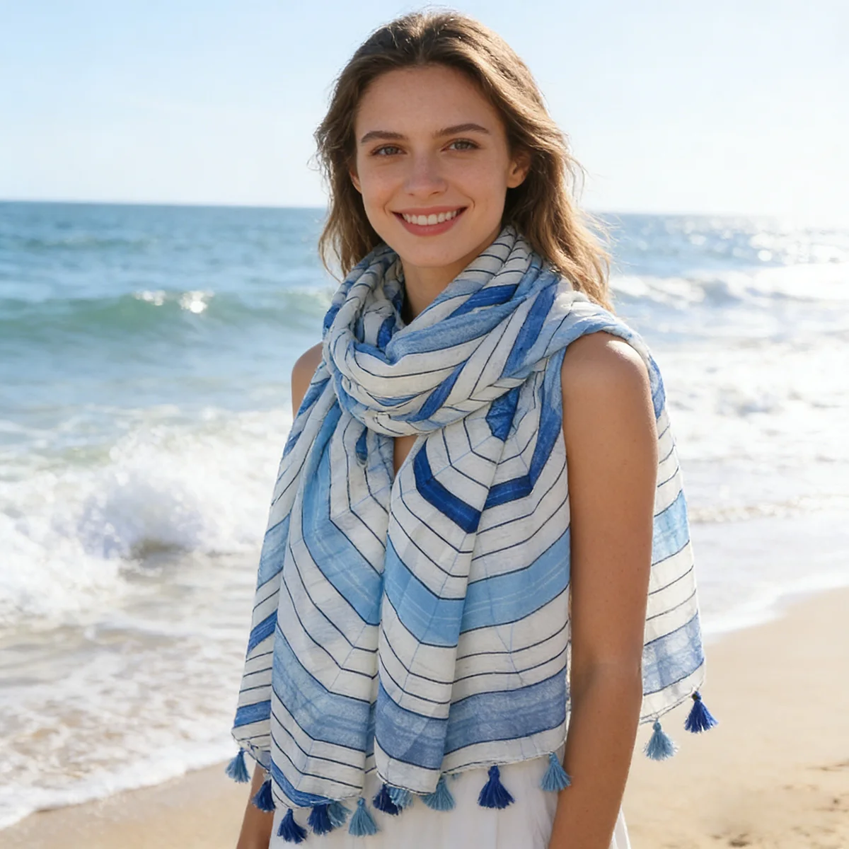 Women's Blue White Geometric Scarf, Lightweight Polyester Neck Scarf, 88x180cm Tassel Shawl, Ideal for Daily & Vacation Wear
Women's Blue White Geometric Scarf, Lightweight Polyester Neck Scarf, 88x180cm Tassel Shawl, Ideal for Daily & Vacation Wear