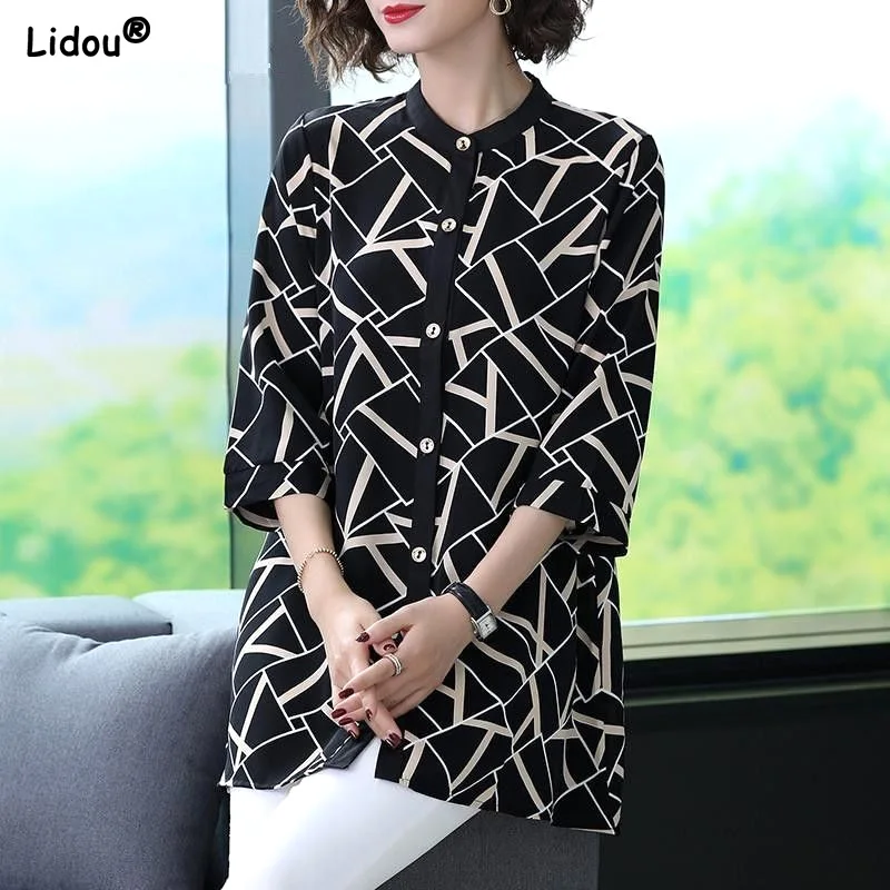 Thin Spring Summer Geometric Blouses Elegant Fashion Loose Casual Button Stand Collar Three Quarter Sleeve Women's Clothing 2023
Thin Spring Summer Geometric Blouses Elegant Fashion Loose Casual Button Stand Collar Three Quarter Sleeve Women's Clothing 2023