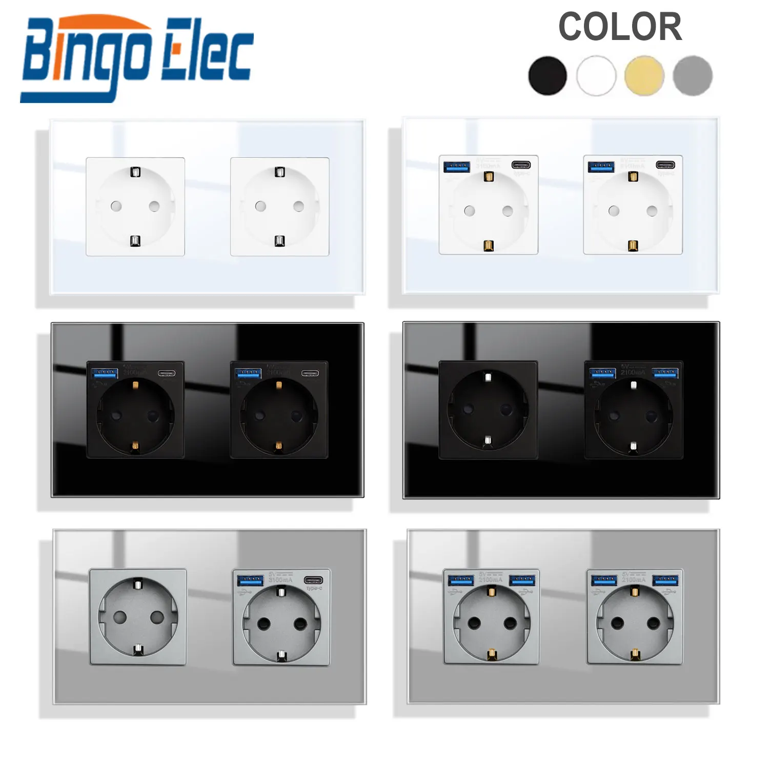 Bingoelec EU Wall Socket Touch Light Switch With USB/Type-c Socket White Grey Black Gloden Glass Panel Electric Plug 220v Spain
Bingoelec EU Wall Socket Touch Light Switch With USB/Type-c Socket White Grey Black Gloden Glass Panel Electric Plug 220v Spain