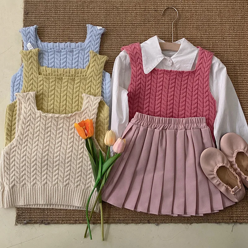 Girls Spring Clothes Baby Girl Knitted Small Vest Fashion College Style Shirt Solid Color Girl's Outwear Sling Sweater Vest
Girls Spring Clothes Baby Girl Knitted Small Vest Fashion College Style Shirt Solid Color Girl's Outwear Sling Sweater Vest