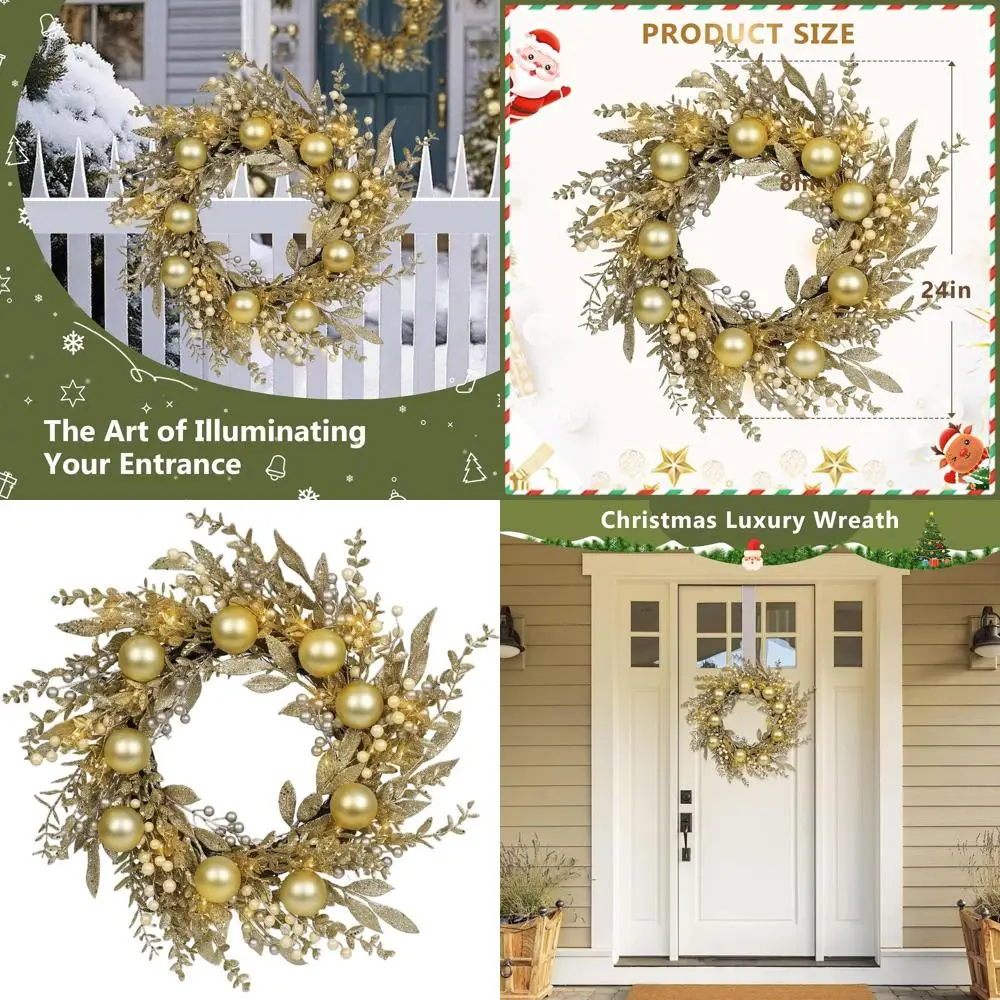 Искусственный рождественский венок с золотыми шариками, белыми ягодами, светодиодными фонарями для украшения дверей и окон
Искусственный рождественский венок с золотыми шариками, белыми ягодами, светодиодными фонарями для украшения дверей и окон