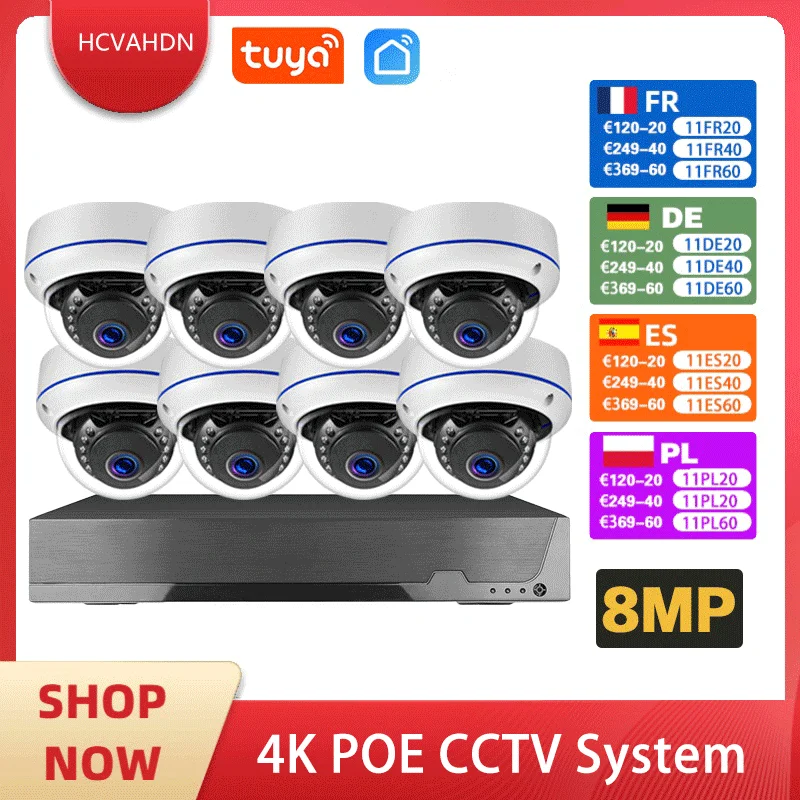 Tuya 8MP POE Network Surveillance Camera System Kit 4K 8CH NVR Kit Outdoor Waterproof Audio CCTV IP Dome Security Camera System
Tuya 8MP POE Network Surveillance Camera System Kit 4K 8CH NVR Kit Outdoor Waterproof Audio CCTV IP Dome Security Camera System