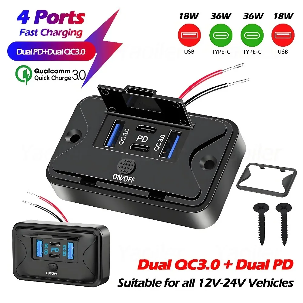 4-Ports 12V RV USB Outlet Car Charger Socket Adapter 108W USB-C Panel Wall Mount Dual QC3.0 & Dual PD Port for Bus Boat Truck
4-Ports 12V RV USB Outlet Car Charger Socket Adapter 108W USB-C Panel Wall Mount Dual QC3.0 & Dual PD Port for Bus Boat Truck