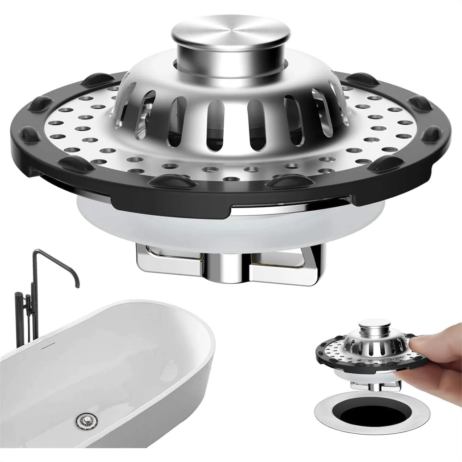 Universal Bathtub Drain Stopper with Visible Top Strainer, Upgraded 3 in 1 Pop-up Plug for 1.5 to 2.4" Hole, Stainless Steel
Universal Bathtub Drain Stopper with Visible Top Strainer, Upgraded 3 in 1 Pop-up Plug for 1.5 to 2.4" Hole, Stainless Steel