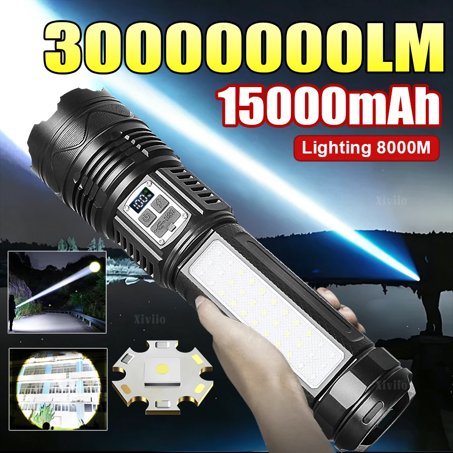 3000000LM Most Powerful LED Flashlights 1500W Ultra Bright Long Range 8000M Tactical Torch Light Zoomable Portable Camping Lamp
3000000LM Most Powerful LED Flashlights 1500W Ultra Bright Long Range 8000M Tactical Torch Light Zoomable Portable Camping Lamp