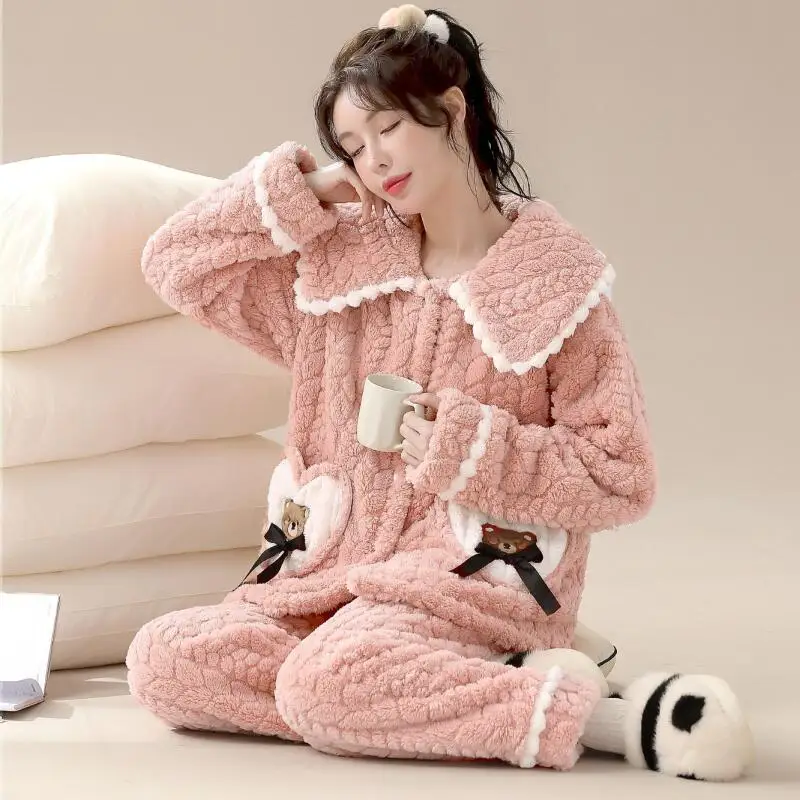 Coral Fleece Thicken Pajamas Suit Autumn Winter Girl Sweet Nightwear Set Flannel Keep Warm Comfortable Woman Sleepwear Homewear
Coral Fleece Thicken Pajamas Suit Autumn Winter Girl Sweet Nightwear Set Flannel Keep Warm Comfortable Woman Sleepwear Homewear
