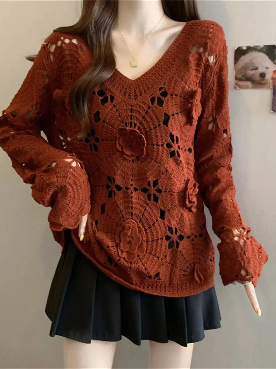 French Lace Openwork Knit Sweater for Women Summer Fall Stylish V-neck Long Sleeve 3D Floral Design Female Tops
French Lace Openwork Knit Sweater for Women Summer Fall Stylish V-neck Long Sleeve 3D Floral Design Female Tops
