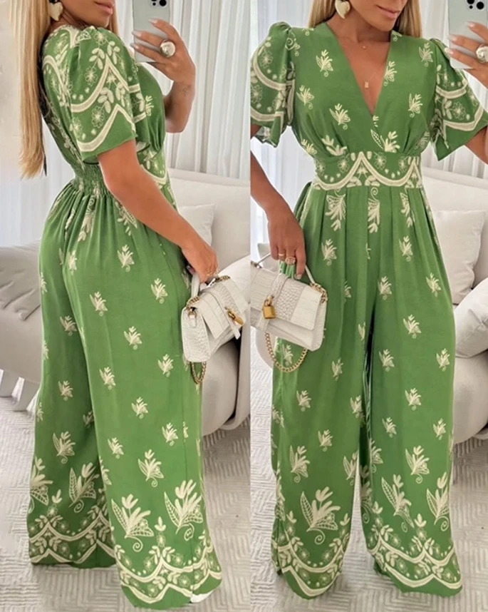 Ladies' Summer Printed Flowing Sleeves V-Neck Wide Leg Jumpsuit Casual and Elegant Waist Cinched Wide Leg Long Jumpsuit
Ladies' Summer Printed Flowing Sleeves V-Neck Wide Leg Jumpsuit Casual and Elegant Waist Cinched Wide Leg Long Jumpsuit