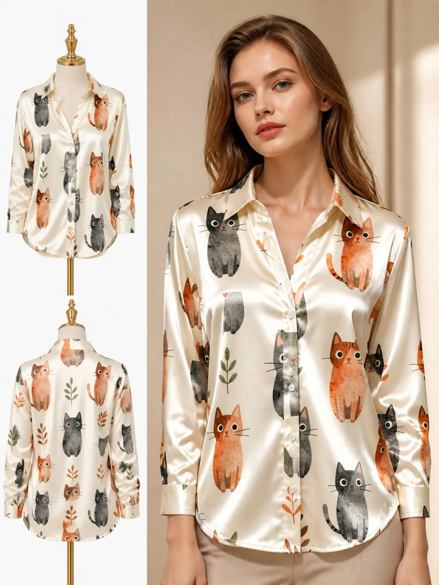 Cream Cat Print Satin Blouse for Women Long Sleeve Button Down Shirt Casual Office Cute Animal Silky Top
Cream Cat Print Satin Blouse for Women Long Sleeve Button Down Shirt Casual Office Cute Animal Silky Top