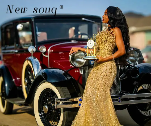 Gold Glitter Sequin Prom Dresses for Black Girls eading Pearls Mermaid Party Gowns African Women Evening Dress Customized
Gold Glitter Sequin Prom Dresses for Black Girls eading Pearls Mermaid Party Gowns African Women Evening Dress Customized