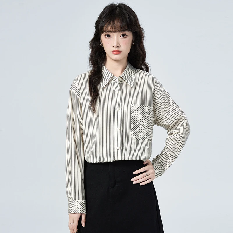 Классические полосатые блузки для женщин и девочек, офисные женские повседневные тонкие рубашки, женские блузки с длинным рукавом и отложным воротником, топы 
Классические полосатые блузки для женщин и девочек, офисные женские повседневные тонкие рубашки, женские блузки с длинным рукавом и отложным воротником, топы