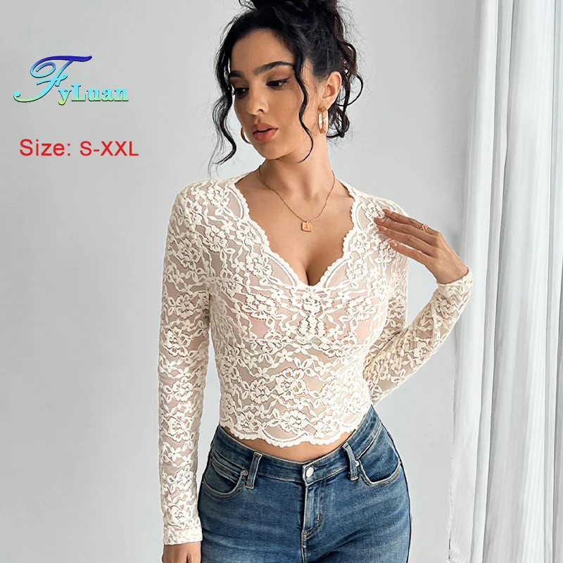 European style New Women Lace T-Shirt Solid Color Sexy V Neck Long Sleeve Crop Top Fashion Spicy Girl Style Nightclub Short Top
European style New Women Lace T-Shirt Solid Color Sexy V Neck Long Sleeve Crop Top Fashion Spicy Girl Style Nightclub Short Top