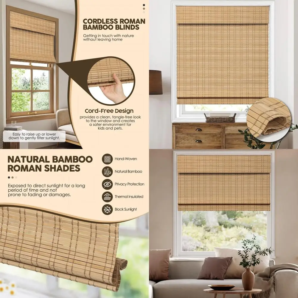 Natural Bamboo Roman Shades, Cordless Light Filtering, 42x64 Window Roll-Up Blind
Natural Bamboo Roman Shades, Cordless Light Filtering, 42x64 Window Roll-Up Blind