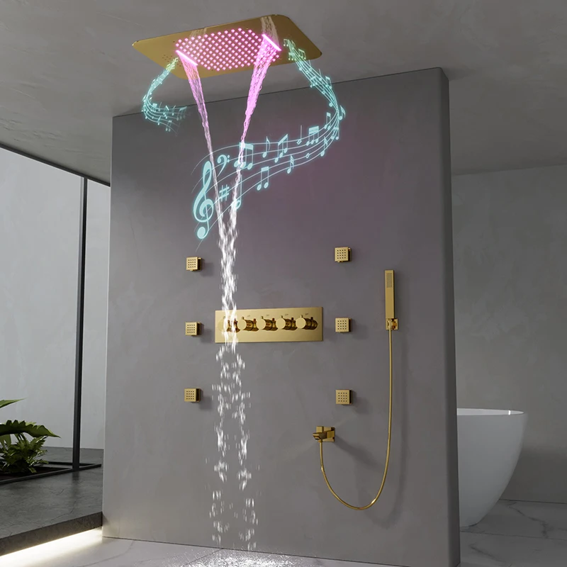 580*380mm Constant-Temperature Shower System Brushed Gold Shower Set LED Light Music Ceiling Hower head Body Massage Nozzle
580*380mm Constant-Temperature Shower System Brushed Gold Shower Set LED Light Music Ceiling Hower head Body Massage Nozzle
