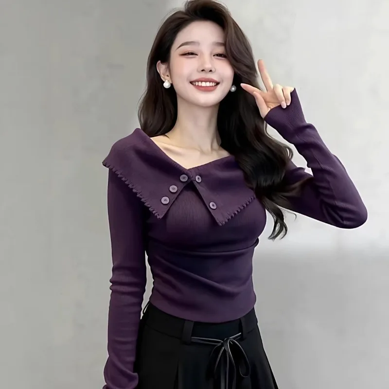 Spring and Autumn 2026 New Purple Shoulder Lapel Bottom Shirt Women's Inner Sexy Temperament Commuting Long Sleeve T-Shirt Top
Spring and Autumn 2026 New Purple Shoulder Lapel Bottom Shirt Women's Inner Sexy Temperament Commuting Long Sleeve T-Shirt Top