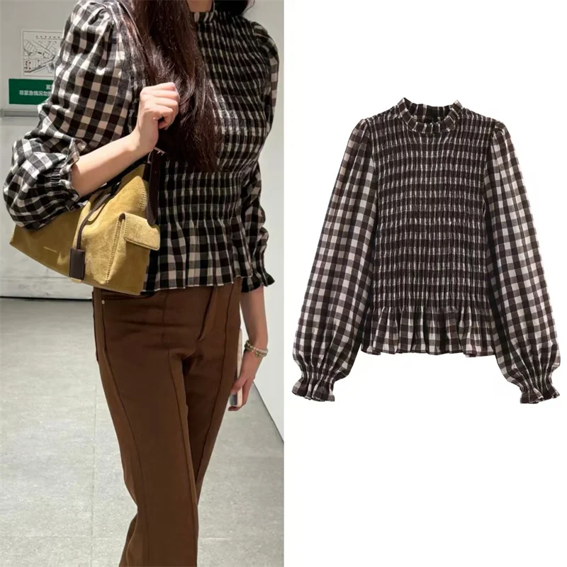 Women's Shirt 2025 Winter New Red-Brown Plaid Long-Sleeve Pullover Shirt with Honeycomb Pleat Details and Round Neck Casual
Women's Shirt 2025 Winter New Red-Brown Plaid Long-Sleeve Pullover Shirt with Honeycomb Pleat Details and Round Neck Casual