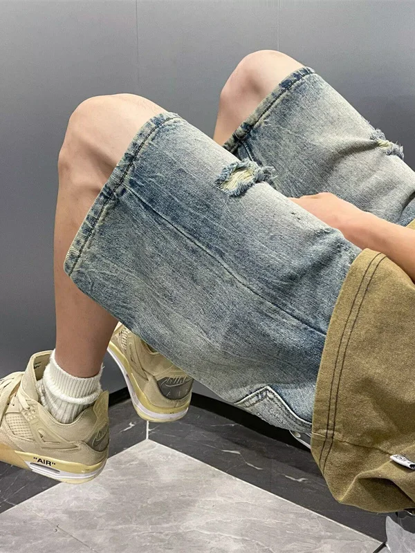Retro American Blue Loose Hole Denim Shorts Men Summer Vintage High Waist Straight Leg Street Style Five Parts Trendy Jeans
Retro American Blue Loose Hole Denim Shorts Men Summer Vintage High Waist Straight Leg Street Style Five Parts Trendy Jeans