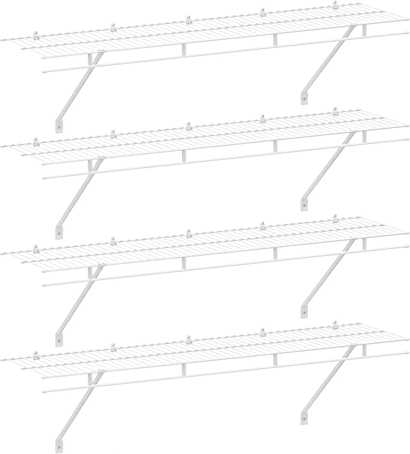 Closet Shelves Wall Mounted 4-Pack, 4 ft x 12in White Wire Shelving for Laundry Room, Closet, Basement Organization and Storage
Closet Shelves Wall Mounted 4-Pack, 4 ft x 12in White Wire Shelving for Laundry Room, Closet, Basement Organization and Storage