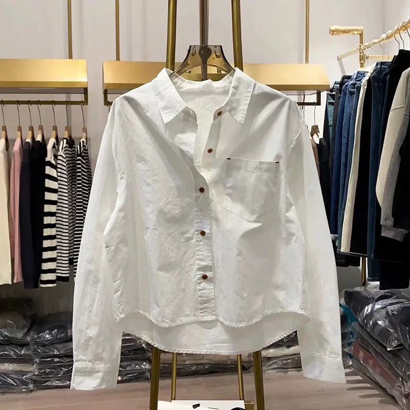 Женская рубашка из чистого хлопка с одним карманом и длинными рукавами, весенне-осенняя повседневная свободная темпераментная короткая рубашка, модная женская одежда 
Женская рубашка из чистого хлопка с одним карманом и длинными рукавами, весенне-осенняя повседневная свободная темпераментная короткая рубашка, модная женская одежда