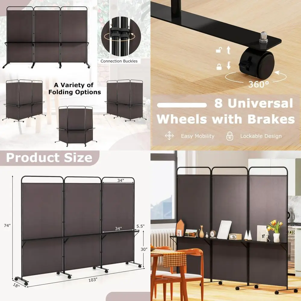 Коричневая 3-панельная перегородка на колесиках с полками, 103x74 см (ширинаxвысота), для обеспечения приватности и разделения пространства дома или в офисе
Коричневая 3-панельная перегородка на колесиках с полками, 103x74 см (ширинаxвысота), для обеспечения приватности и разделения пространства дома или в офисе