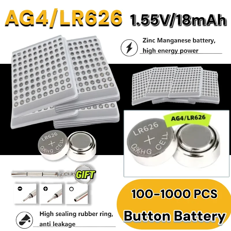 SR626SW/LR626/AG4 1.55V Button Battery for Watches Toys Medical Devices Thermometers Remote Controls Calculators Alarm Clocks
SR626SW/LR626/AG4 1.55V Button Battery for Watches Toys Medical Devices Thermometers Remote Controls Calculators Alarm Clocks