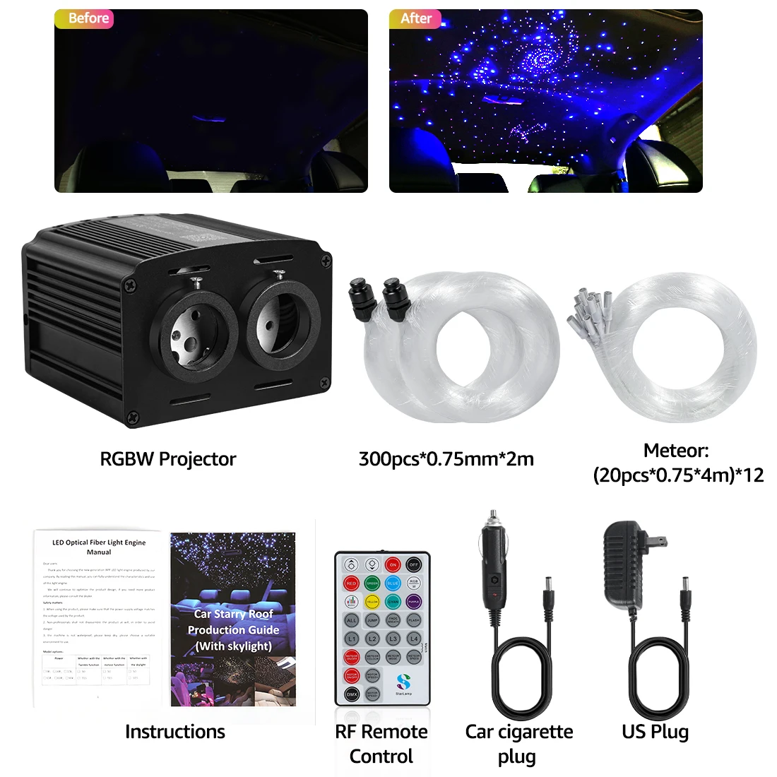 32W Twinkle Starlight Headliner Kit Dual Port RGBW Starry Sky Ceiling Light 450 Fiber Optic For Car Home APP/Remote Controlled
32W Twinkle Starlight Headliner Kit Dual Port RGBW Starry Sky Ceiling Light 450 Fiber Optic For Car Home APP/Remote Controlled