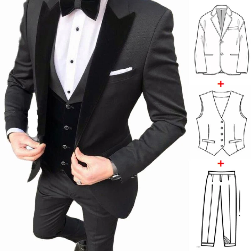 3 Piece Set Slim Fit Men's Suits for Wedding Black Velvet Vest Groom Wedding Tuxedos Formal Male Suit Jacket Pants Vest Latest
3 Piece Set Slim Fit Men's Suits for Wedding Black Velvet Vest Groom Wedding Tuxedos Formal Male Suit Jacket Pants Vest Latest