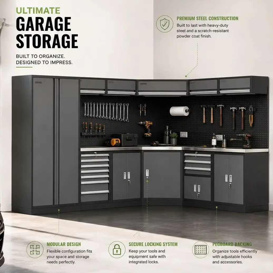 Garage Storage Cabinet System with Drawers Heavy Duty Metal Tool Cabinet Workbench Pegboard Organizer Set Black Grey
Garage Storage Cabinet System with Drawers Heavy Duty Metal Tool Cabinet Workbench Pegboard Organizer Set Black Grey