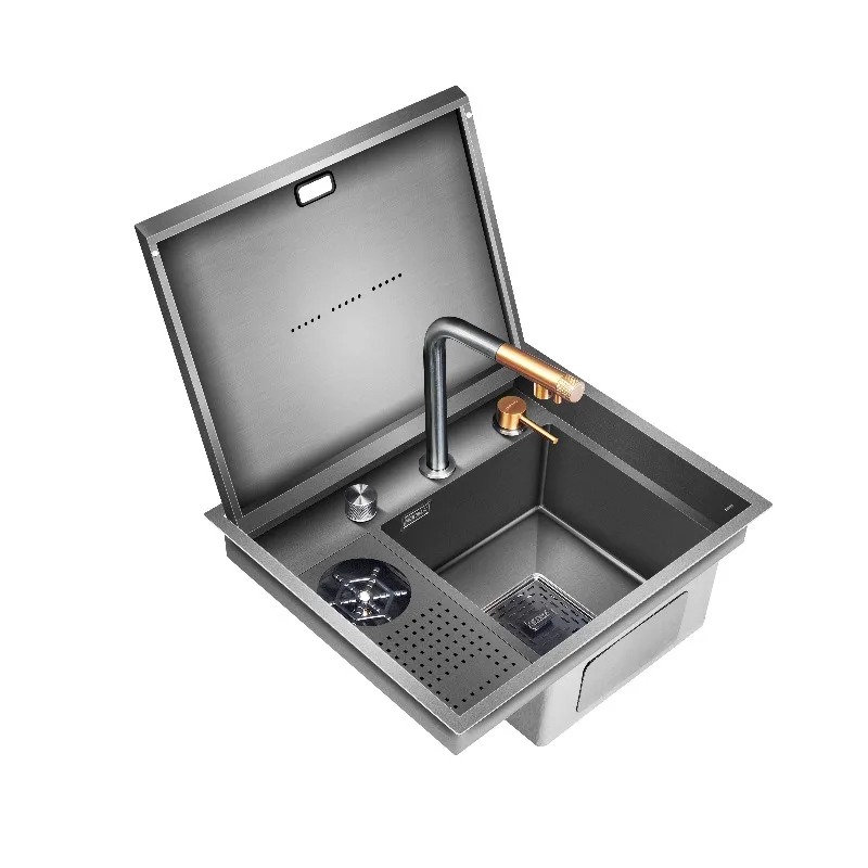 PVD Black Smart Hidden Stainless Steel 304 Kitchen Sink Multifunctional Single Bowl with Faucet Cup Rinser and Four Holes
PVD Black Smart Hidden Stainless Steel 304 Kitchen Sink Multifunctional Single Bowl with Faucet Cup Rinser and Four Holes